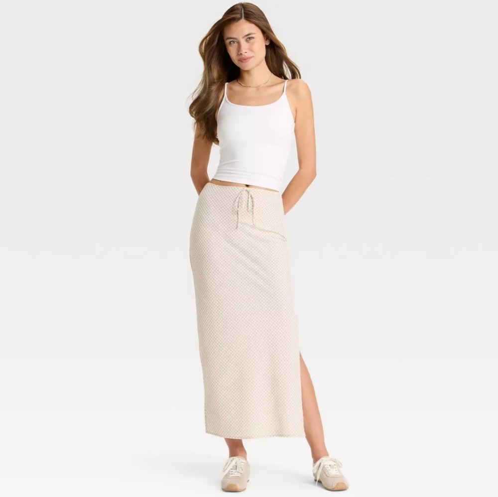 Wild Fable Women's XXS Column Maxi Skirt Taupe Gingham Y2K